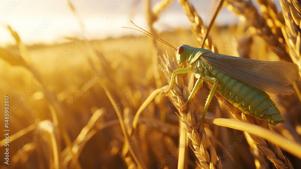 Fototapeta premium Green insect on golden wheat stalk