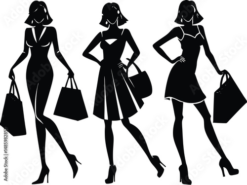 Stylized Shopping Women Vector Group Design