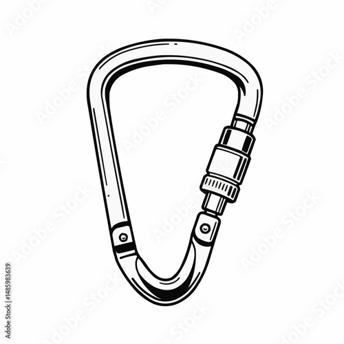 Graphic illustration of a carabiner with detailed line work on a white background