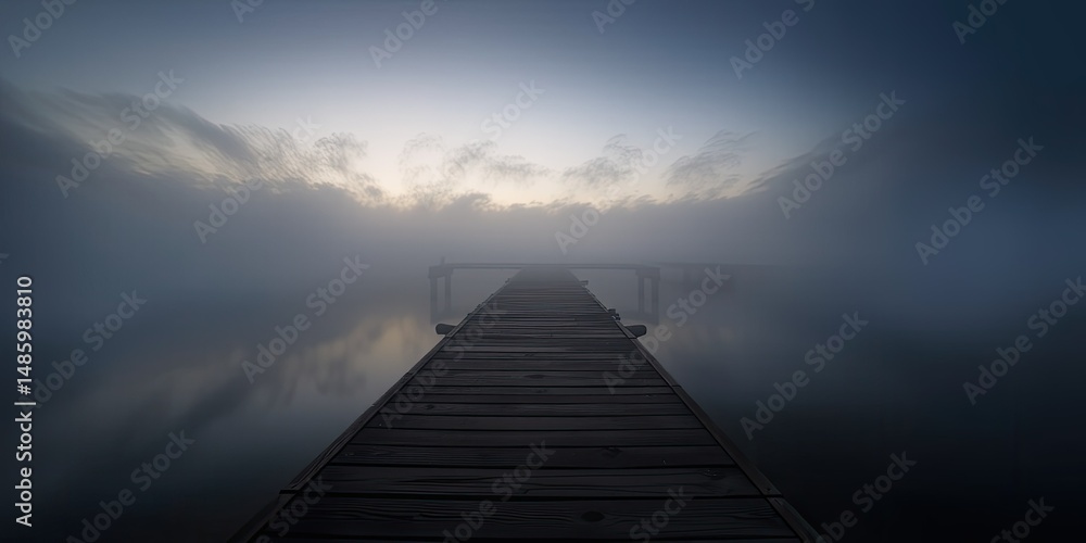 Fototapeta premium Misty Dawn Pier Shadows on Calm Water