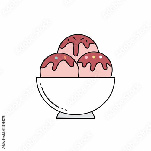 Three cute, light pink ice cream scoops are drizzled with dark pink sauce and sprinkles