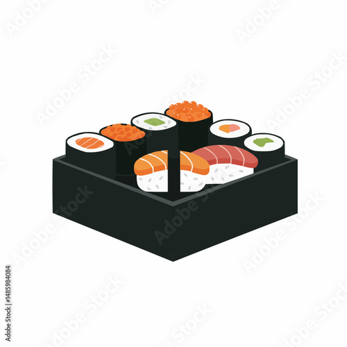 A delectable array of sushi rolls & nigiri, salmon, tuna, & roe. Asian cuisine delight