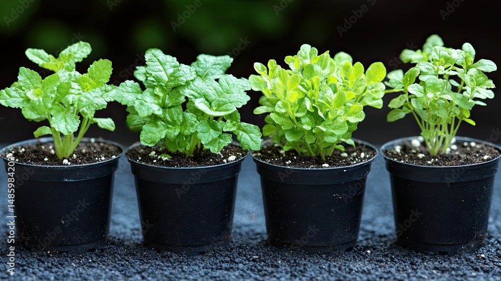 Four herb seedlings in pots. Four herb seedlings in pots.