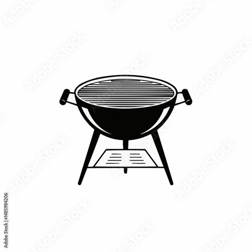 A stark monochrome image showing a charcoal grill with a grate, handles visible