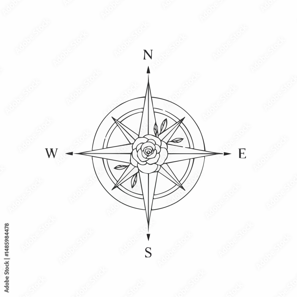 Naklejka premium Hand-drawn compass rose. Half, north-pointed symbol with floral elements