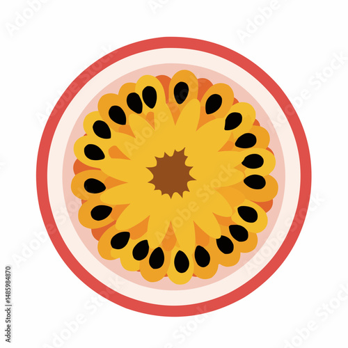 Slice of stylized passionfruit with yellow pulp and black seeds on a white background