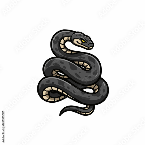 Dark gray snake coiled and ready to strike with a sinister glare and yellow eyes