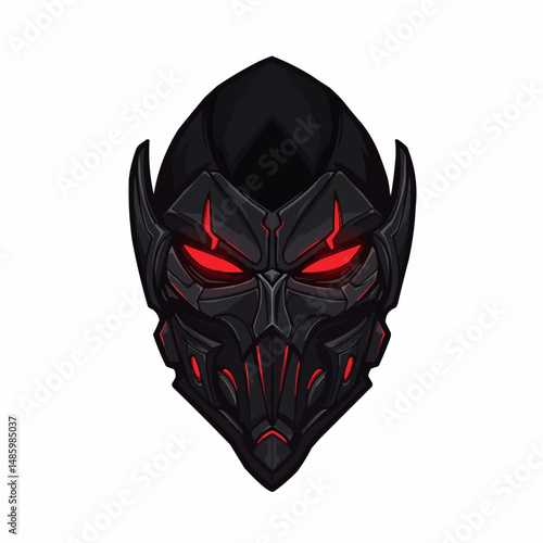 Black helmet with glowing red eyes and dark attire, stylized and ominous design on white