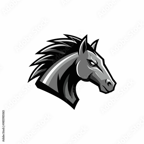 A stylized black and grey horse's head, cropped from the side, against a white background