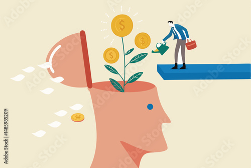 Financial mindset for investor to growing profit, rich mindset or knowledge to grow business, psychology or knowledge for investment concept, businessman watering plant with money from human head.