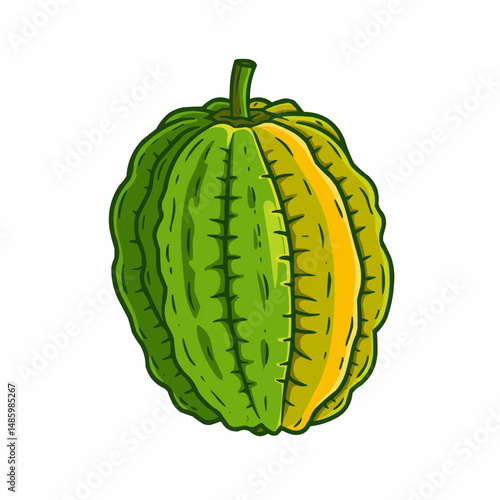 Green-yellow striped pumpkin with thick stem sits on a white background