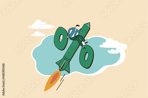 Interest rate rising up, Federal reserve or central bank raising policy, inflation or monetary percentage concept, businessman riding percentage with rocket booster metaphor of interest rate hike.