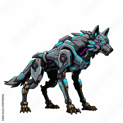 Low-corner shot of a grey robot with glowing blue lines and hints of purple