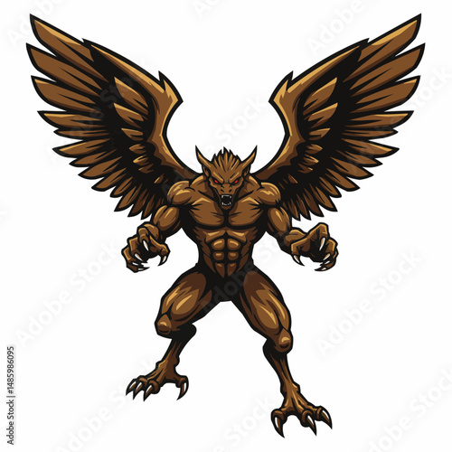 Brown toned gargoyle with red eyes, sharp teeth and wide wings on a white background