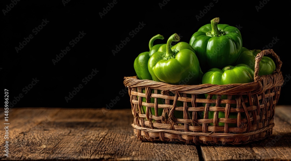 Fresh green bell peppers in a basket Fresh green bell peppers in a basket