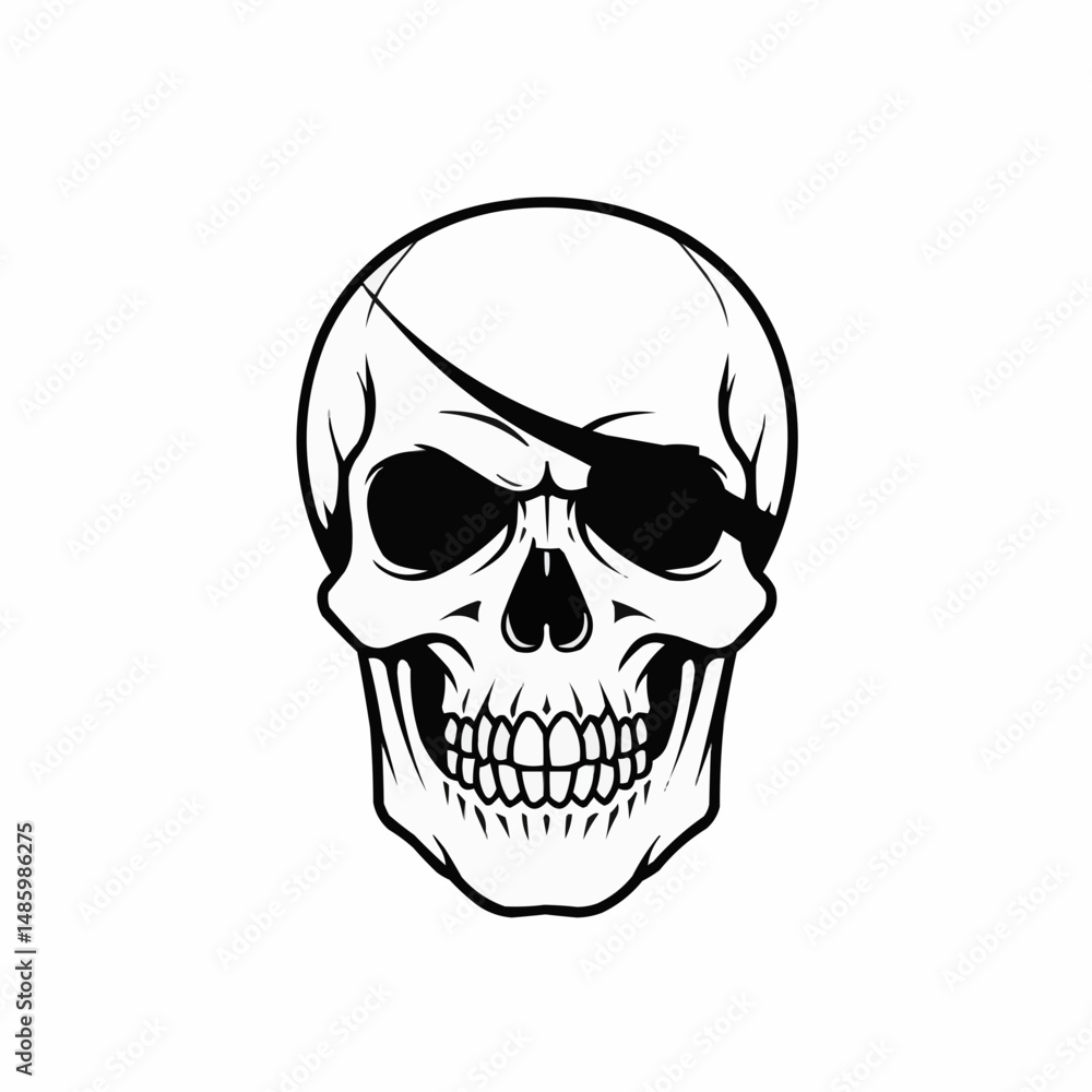 Fototapeta premium Skull with an eye patch, partially in frame, black outline and white fill