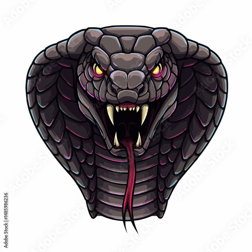 A stylized black cobra with striking yellow eyes, fangs, and a textured hood