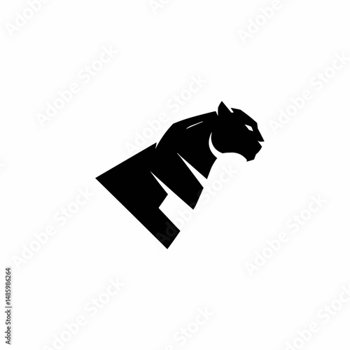 Geometric sleek black silhouette of a predatory cat on a clean white background