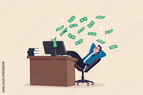 Make money online, earn passive income from internet job or side hustle, make profit or earning from investment or stock trading, easy money concept, rich businessman relax making money from computer.