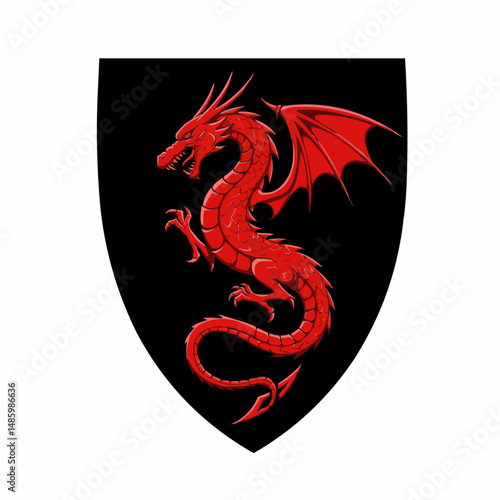 Dramatic red dragon against black background, with wings, claws, scales, and angry expression