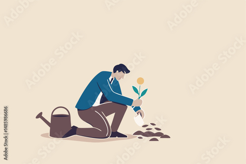 Investing in growth stock, growing pension fund, saving or make profit from retirement fund, growing wealth or investment asset concept, businessman investor planting money seedling for prosperity.