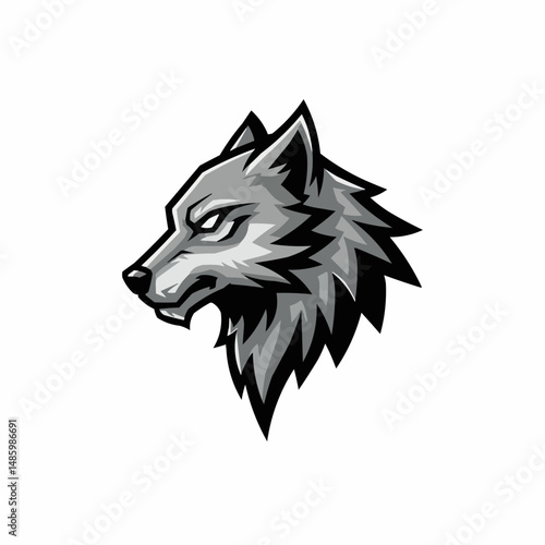 Black and white graphic of a wolf head featuring sharp angles and a focused, intense expression