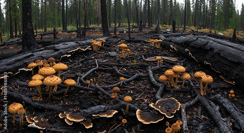 Obraz premium Burnt forest floor teeming with mushrooms after a wildfire.