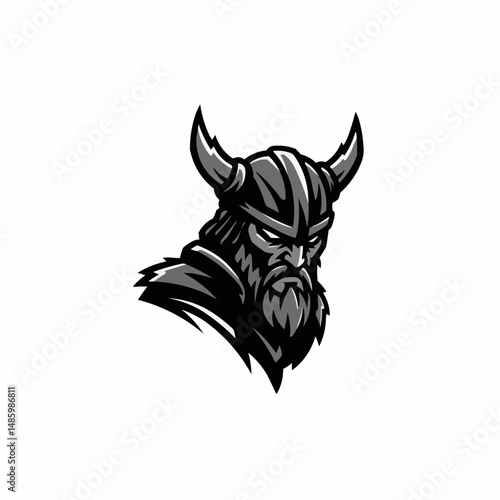 Fierce warrior's head, horns on helmet and serious gaze. Close-up on a white space