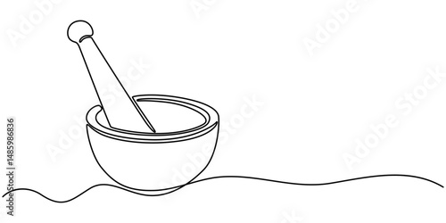Mortar with pestle one line continuous drawing. Kitchen tools continuous one line illustration. Vector minimalist linear illustration, Single continuous line drawing mortar and pestle vintage.