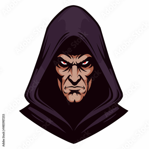 A cloaked figure stares intently with glowing red eyes, concealed in shadows and mystery