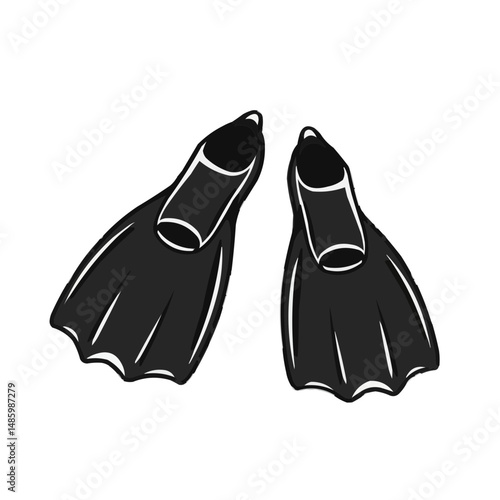 Two black fins isolated on white. Diving gear for underwater swimming