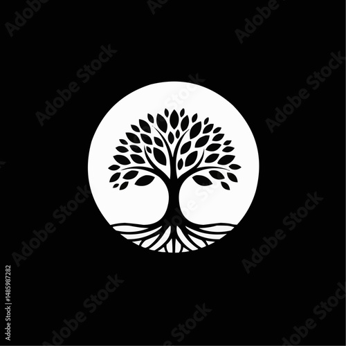 Stylized tree silhouette with round crown against a striking black and white backdrop