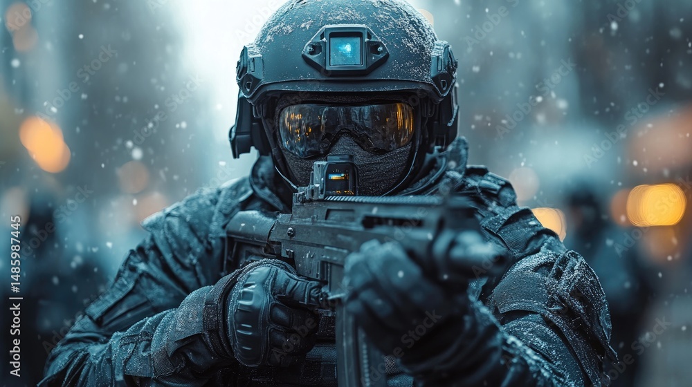 Armed soldier in snow, tactical gear. Armed soldier in snow, tactical gear.