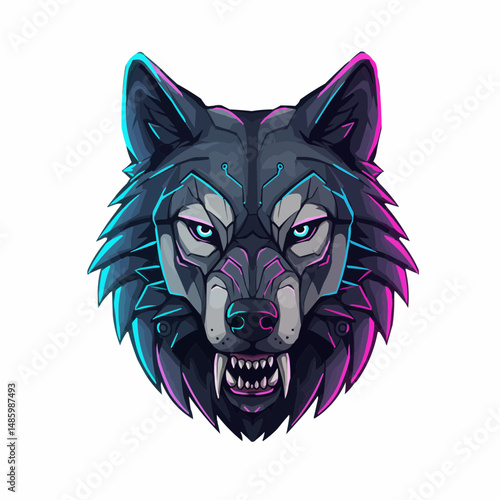 Intense gaze of a stylized wolf, adorned in neon hues. Modern, cool