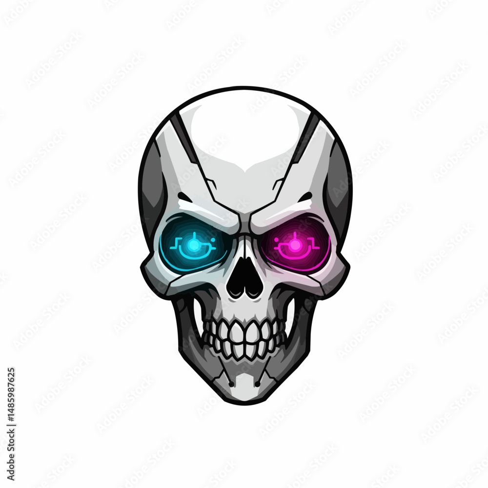 Fototapeta premium Cybernetic skull illustration with pink and blue eye sockets on white backdrop