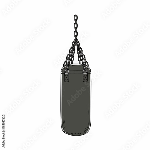 Black bag with chain hanging, partial view, right, on a plain white background
