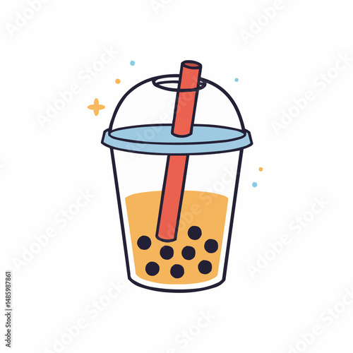 Playful cartoon illustration of a cup with a lid and straw. Stars and dots surround