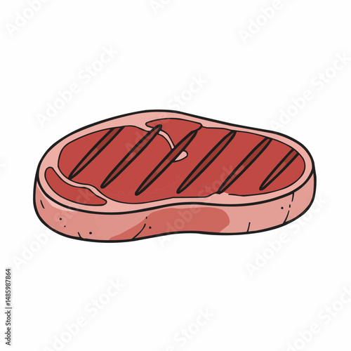 Grilled steak with dark charred marks, pink outside layer, isolated. Simple cartoon