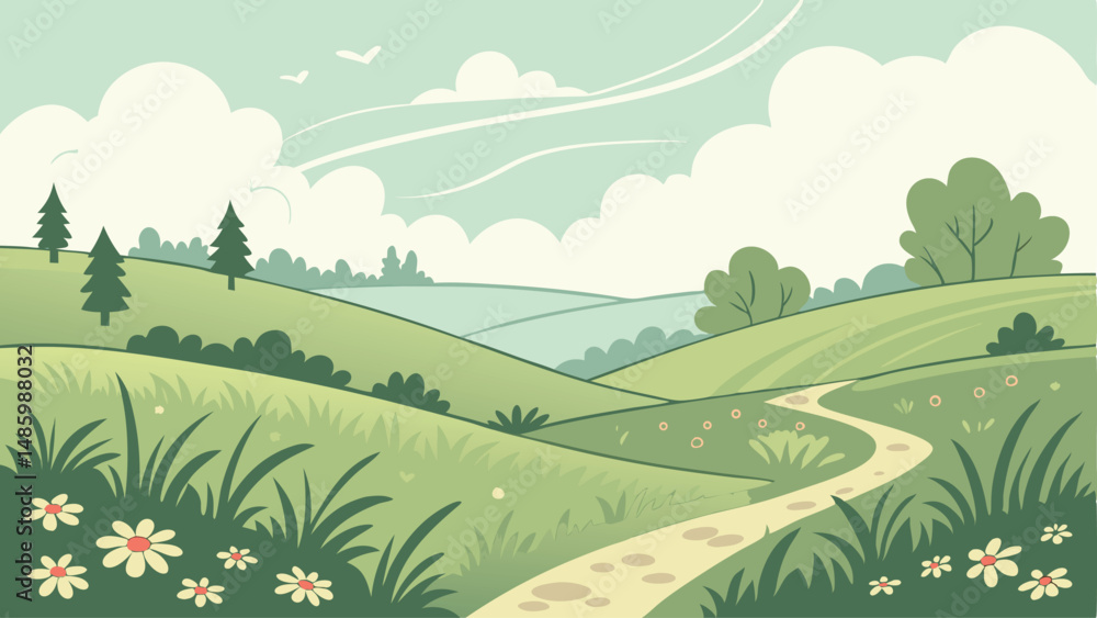 Fototapeta premium editable vector nature background with trees in front of a rocky mountain for eco and tourism materials