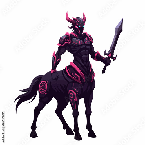Warrior in ornate armor with glowing eyes holds sword, ready for battle, on white background
