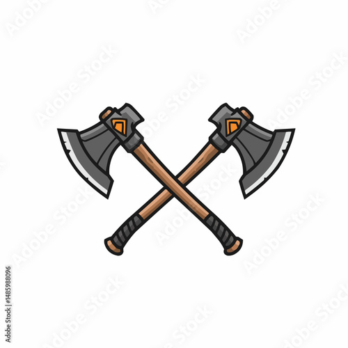 Two axes cross at the bottom. Gray blade, brown handle with an orange triangle on the side