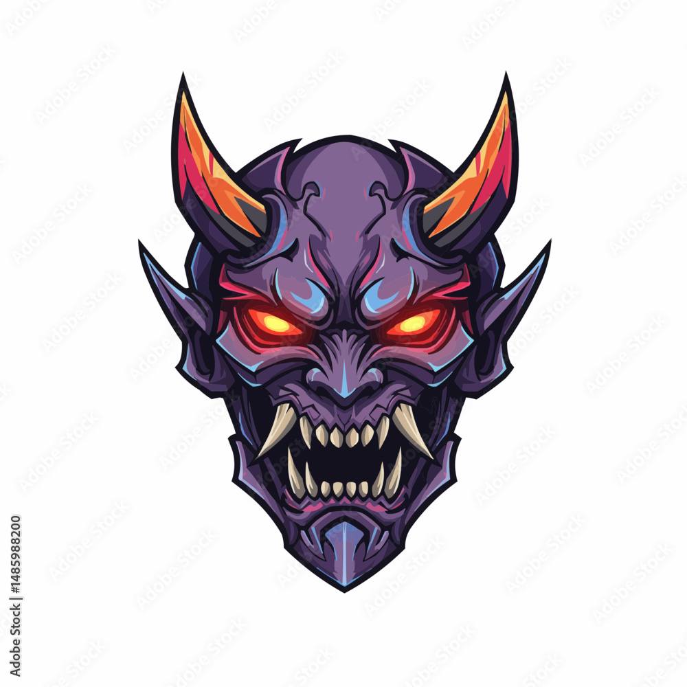 Graphic image of a horned mask with bright glowing eyes on a white background Graphic image of a horned mask with bright glowing eyes on a white background