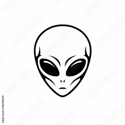 Minimalist black and white graphic of an alien creature with large, black eyes