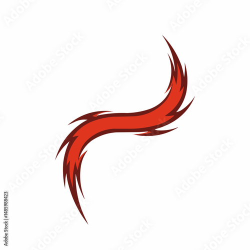 Red curve, with dark edges, against white.  Flame-like tendrils curve upward