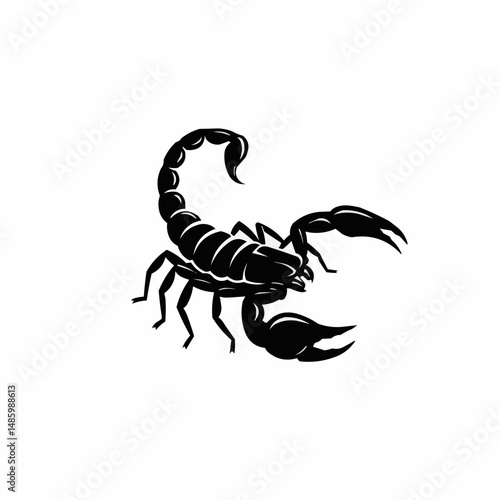 Bold, black scorpion tail, sharp claws. Simple, clean design against white
