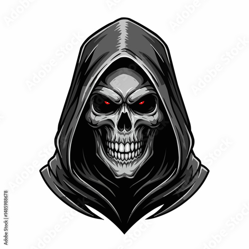 Hooded skull with glowing red eyes set against a stark white background
