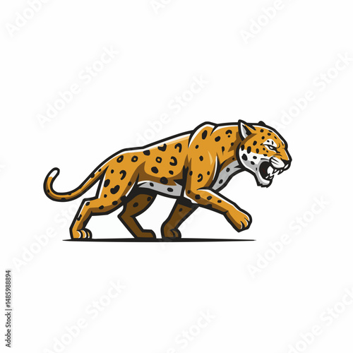 An illustration of a stylized jaguar growling, with yellow fur and black spots, in motion
