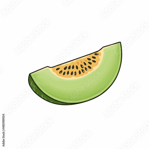 Cut melon slice with yellow flesh and black seeds on white background