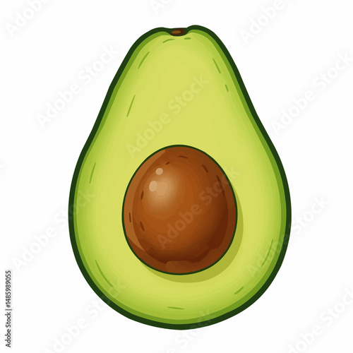 A vibrant, cartoon-styled avocado slice with a large seed on a white background