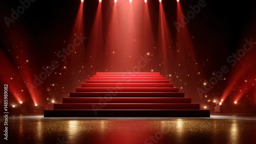 Red carpet stairs and stage illuminated by bright spotlights with sparkling golden particles, creating glamorous and festive atmosphere on dark background for event celebration